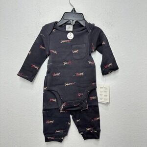 Nordstrom Baby Holiday 2 Piece Set Navy‎ Blue Santa Sleigh 100% Cotton NWT